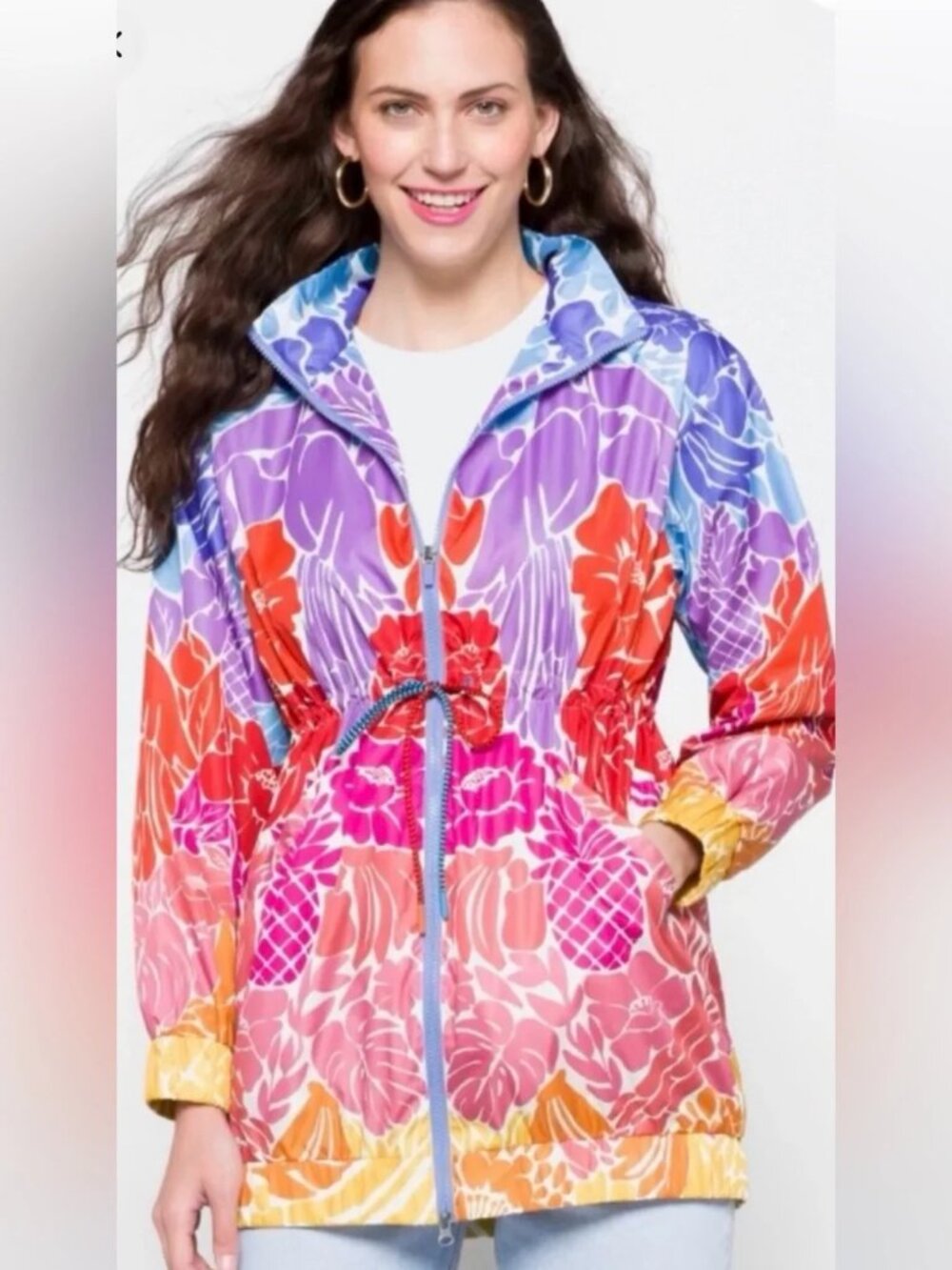 FARM Rio Multicolor Floral Zip Up Utility Windbreaker Jacket Large Tropical